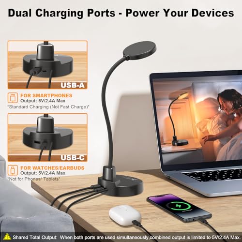 15W LED Desk Lamp with USB Charging Ports – Dimmable Table Lamp with 3 Color Temps, 5 Brightness, 4 Timers, Flexible Gooseneck Light with Base, Eye-Caring Reading Light for Home Office, Bedroom, Study - color: Black, size: 3.5'' Lamp