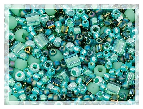 0.35oz (10g) Mix of Small Rocailles, Seed Beads & Bugles 2-10mm TOHO Japanese Glass Beads, Mix TOHO Turquoise (Like 3203 - Take-Seafoam/Green) - color: Turquoise Seafoam Mix - Mixed (2-10mm)