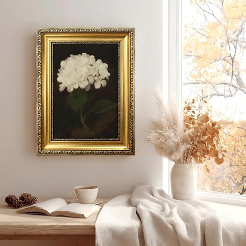 Gold Framed White Hydrangea Flower Wall Art,Vintage Floral Canvas Painting - color: Hydrangea Gold Framed, size: 16"L x 12"W