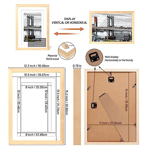 11x14 Solid Wood Picture Frames - Display Pictures 9x12 or 8x10, 11x14 Frame, Poster Photo Frame Art with 2 Mats for Wall Mounting or Table Top (Natural) - color: Natural, size: 11x14 inch