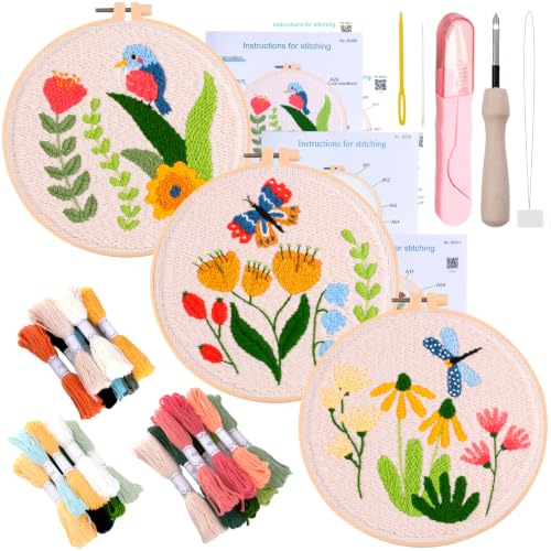 Punch Needle Kit for Adults Beginners - 3 Sets DIY Embroidery Starter Kit - color: 09-flowers A3