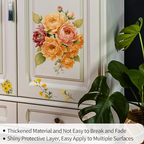 Floral Vintage Rub on Transfer for Furniture Large Flower UV DTF Transfer Sticker for Wood Glass Home Decor, Autumn Orange Peony - style: Autumn Orange Peony