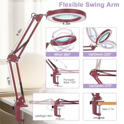 12X Magnifying Glass with Light and Clamp, Real Glass Lens Lighted Magnifier with Stand, 5 Color Modes LED Dimmable Magnifying Desk Lamp Hands Free for Crafts Painting Sewing Close Work - Red - color: Red, size: 12X 17.8inch Clamp