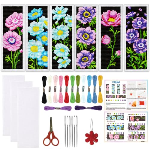 ORIGACH 6 Set Anemone Flower Cross Stitch Bookmark Kit for Beginner - style: Anemone
