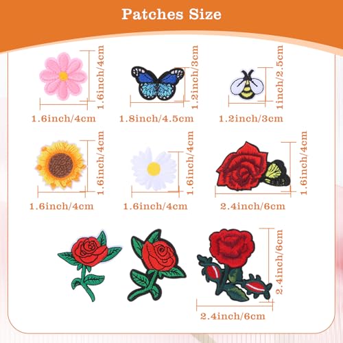 72 Pcs Flower Iron on Patches Colorful Butterfly Embroidered Iron On Patches for Clothing Sewing Patch Cute Daisy Flower Bee Applique Patch for Clothing Jackets Jeans Pants Hats Backpacks