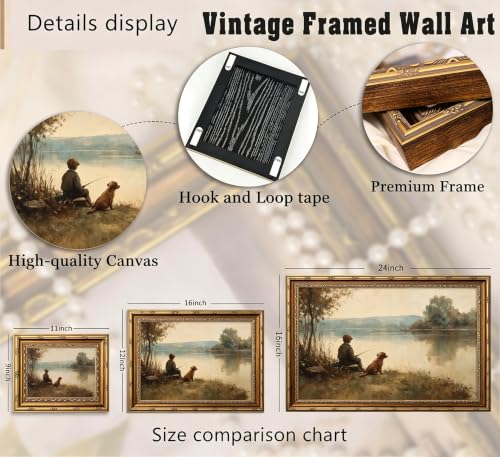 Glod Framed Vintage Fishing Boy Canvas Wall Art Farmhouse Country Boy and Dog Fishing Landscape Paintings Pictures Wall Decor Posters Prints Artwork for Bedroom Office Gallery Home Decoration - color: Fishing boy, size: 16"L x 12"W