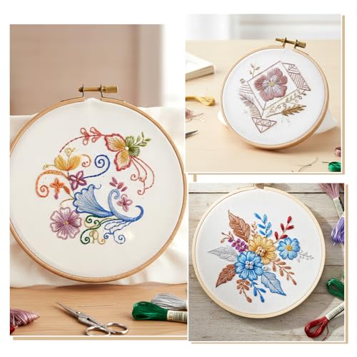 KALIONE 10 Skeins Embroidery Floss with 1 Pcs 8 Inch Round Embroidery Hoop Frame, 10 Colors Metallic Polyester Threads, Circle Imitated Wood Display Frame for DIY Embroidery Crafts (8 m 12 Strands)