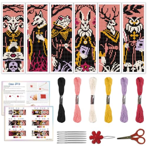 ACRNIGHEET 6PCS Cross Stitch Bookmark Kit for Beginner Stamped Cross Stitch Kits for Adults Gothic Animals DIY Embroidery Bookmark Kits Needlepoint Kit with Instructions Hand Craft Gift 8.5''x3'' 11CT - style: Gothic Animals Patterns