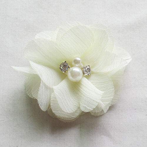Chenkou Craft Pack of 12pcs Chiffon Flowers Ribbon Bows W/Beads 2-3/8" (60mm) Appliques Wedding Decor Bulk Lots (Beige) - color: Beige