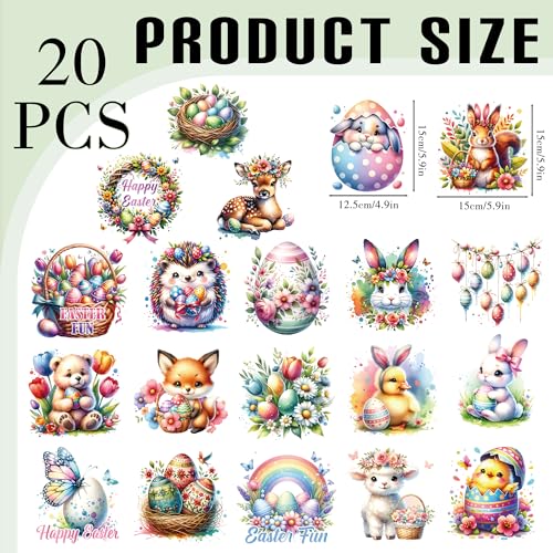 Dazaoratix Baby Easter Iron on Transfers - 20 Sheets Cute Bunny Eggs DTF Ready to Press Onesie Decorating Kit Decals Animal Heat Patches Vinyl Stickers for T Shirts Bibs Bodysuit Clothing DIY Crafts - style: Baby Easter Day