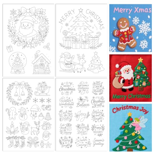 ORIGACH 4 Sheets Large Christmas Water Soluble Embroidery Stabilizers, Christmas Elements & Phrases Designs - Stick and Stitch Embroidery Paper Hand Sewing Stabilizers for Embroidery Beginners - color: Christmas Elements & Phrases