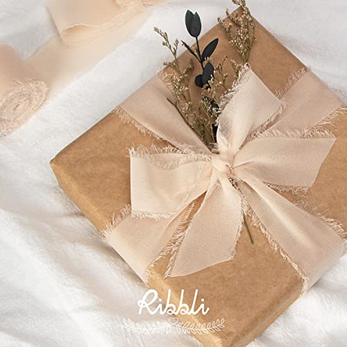 Ribbli Chiffon Ribbon - 1.5 inch x 30 Yard Champagne/Nude Silk, Handmade for Wedding Invitations, Gift Wrapping, Bridal Bouquets, Flower Arrangements - color: Champagne
