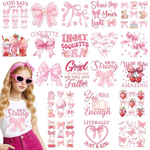 Dazoratix Bow Iron on Transfers - 20 Sheets Cute Pink Ready to Press Coquete Girly Cherry Heat Transfer DTF Stickers Patches Vinyl Appliques Decals Women Girl T Shirts Clothes Bag Decoration DIY Craft - style: Bow