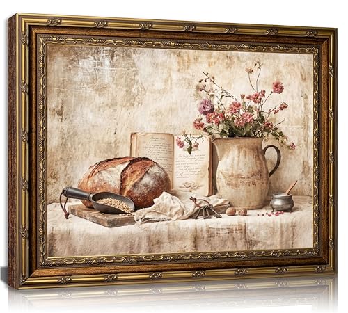 Gold Framed Vintage Kitchen Canvas Wall Art Farmhouse Rustic Cottage Sourdough Bread Still Life Paintings Pictures Wall Decor Posters Prints Artwork for Office Gallery Home Decoration - color: Bread, size: 11"L x 9"W