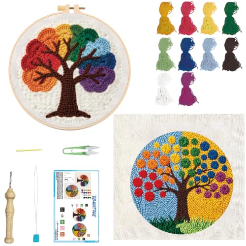 BEUNITONE 2PCS Punch Needle Kit for Adults Beginners, Rainbow Tree of Life Needlepoint Crafts Kit for Adults, Complete Embroidery Starter Kit with Pre-Print Pattern and Hoop for Home Decor 7.9"x7.9" - color: 11-Colorful Tree