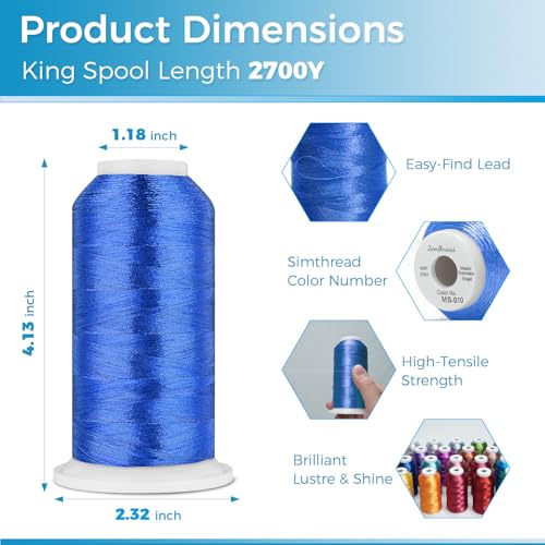 Simthread 2700 Yards Metallic Embroidery Machine Thread - Sapphire MS-010, 40wt High-Sheen King Spool, Smooth Running & Break Resistant for Commercial & Home Embroidery Machines - color: Sapphire MS-010