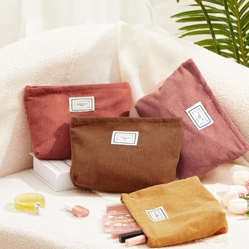 4 Pack Velvet Corduroy Makeup Bag Zipper Pouch,Yellow Brown Series,Plaid - color: Yellow Brown Series