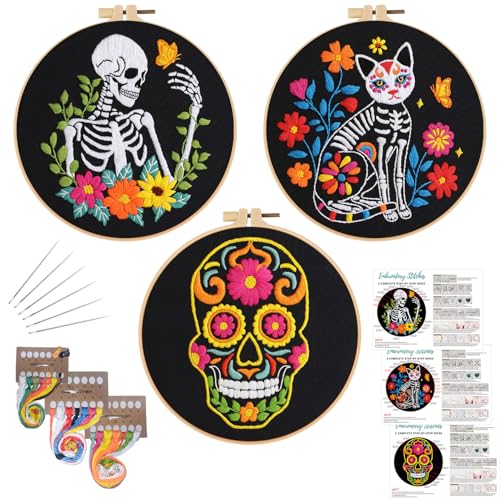 Louise Maelys 3 Set Halloween Skull Embroidery Kit for Beginners - color: skull flower