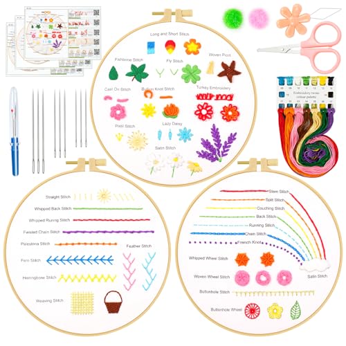 Ponpon 3 Sets Embroidery Kit for Beginners, Embroidery Kit for Adults with Follow Instruction, Cross Stitch Kits with Wooden Embroidery Hoops (Stlye F) - style: Stlye F
