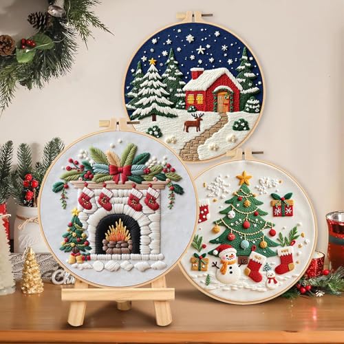 LB Christmas Embroidery Kit for Beginners Adults, 3 Sets Hand Embroidery Starter Kit with Fireplace Pattern and Instructions Stamped Cross Stitch Kits Include Embroidery Hoop Needles Threads Scissors - color: Blue