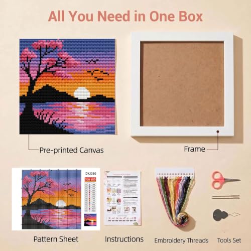 Sunset Landscape Stamped Cross Stitch Kits for Beginners Adults with Framed - color: DKJ030