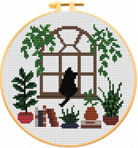 Plant Black Cat Stamped Cross Stitch Kits for Adults Beginners with Frame - color: Black Cat Plants Cross Stitch