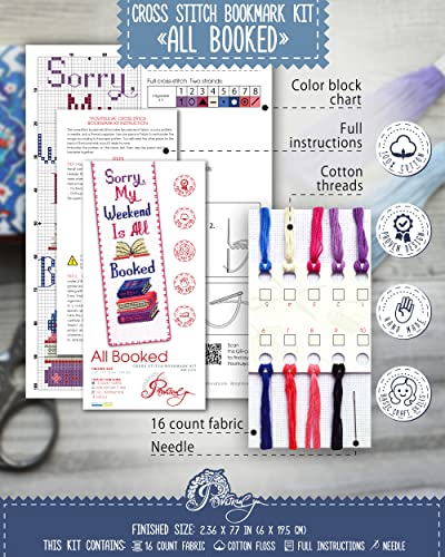 Povitrulya Sorry, My Weekend is All Booked' - Counted Cross Stitch Kit for Adults - Snarky Embroidery Set with Funny Inspirational Quote, Gifts for Reader, Book Lover, Writers - color: All booked