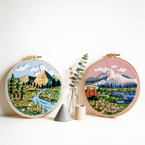 spicssa 2PCS Embroidery Kit for Beginners, Hand Needlepoint Kits for Adults with Pre-Stamped Patterns, 7.8-Inch Hoop, Threads & Needles, Step by Step Instructions - color: Scenery