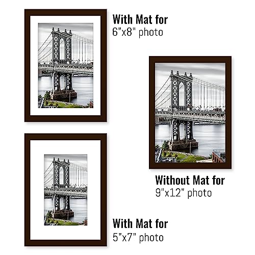 9x12 Picture Frames Solid Wood Display Pictures 6x8 or 5x7 with Mat, 9x12 Frame without Mat for Wall Mounting or Table Top (Brown) - color: Brown, size: 9x12 inch