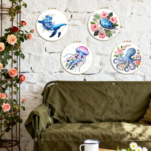 BEUNITONE 4 Pack Beginner Embroidery Kit for Adults, Marine Animals Flowers Pre-Stamped Pattern Needlepoint Kits with Hoops & Instruction, Handmade Embroidery Kits for Fabric and Home Decor 7.9x7.9 - style: A-Marine Animals
