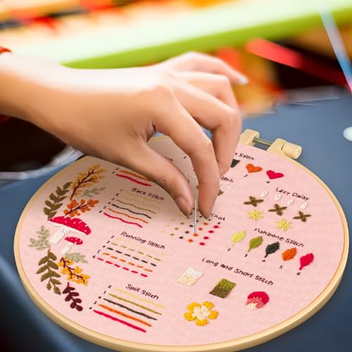 Ponpon 3 Sets Embroidery Kit for Beginners, Embroidery Kit for Adults with Follow Instruction, Cross Stitch Kits with Wooden Embroidery Hoops (Stlye B) - style: Stlye B