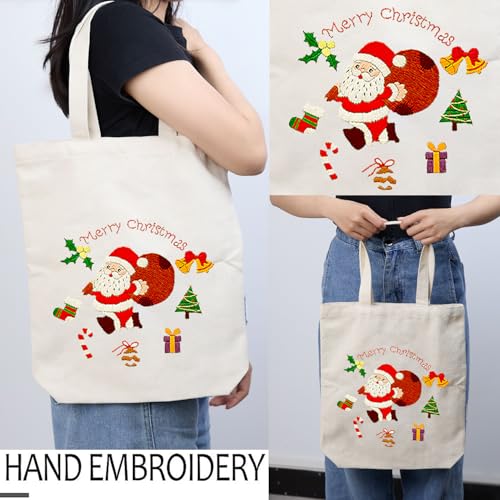 CREAWONDER Canvas Tote Bag Embroidery Kit with Pattern for Beginners, Arts and DIY Embroidery Crafts Kits for Adults, Include Instructions, Thimble, Embroidery Hoops, Color Threads and Tool - color: CR002 SantaClaus beige