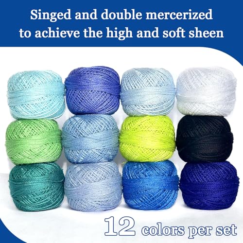 Double Mercerized Egyptian Long Staple Cotton Pearl Thread Ball 10 Grams Rainbow Color Embroidery Thread 12 Colors per Box for Crochet Hardanger Cross Stitch Hand Embroidery,Bluegreen Series - color: bluegreen series