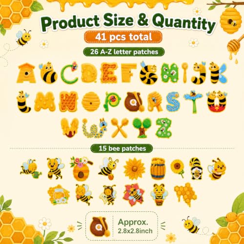 Cinrobiye 38 Pcs Bee Patches Self Adhesive Honey Bee Honeycomb Sunflower A to Z Alphabet Applique Preppy Cute Bee Themed Chenille Letter Patches Stick on for Clothing Hats Bags Fabric DIY Crafts - style: Bee