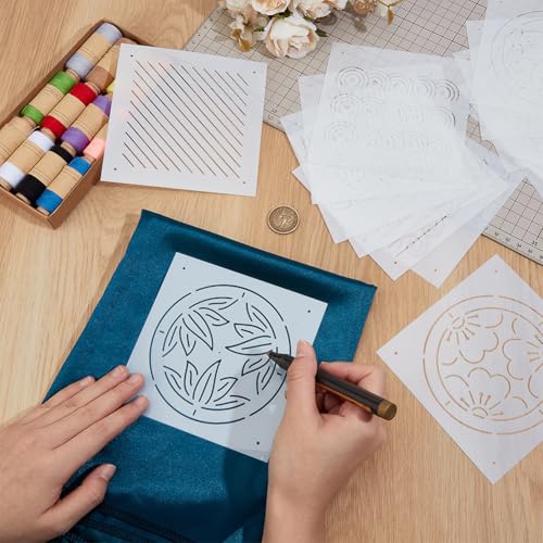 BENECREAT 16Pcs 4Styles Plastic Sashiko Stencil, 5x5inch Dots & Lines, Hexagons, Botanicals, Continuous Embroidery Tool Drawing Line Template for Hand Quilting and Embroidery, 0.3mm Thick - style: Dots & Lines Patterns