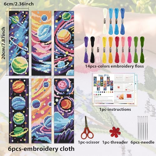 ACRNIGHEET 6PCS Stamped Cross Stitch Bookmark Kit for Beginners Planet - style: Planet Patterns