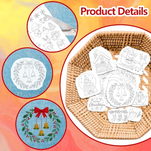 ORIGACH 4 Sheets Large Christmas Water Soluble Embroidery Stabilizers, Christmas Elements & Phrases Designs - Stick and Stitch Embroidery Paper Hand Sewing Stabilizers for Embroidery Beginners - color: Christmas Elements & Phrases