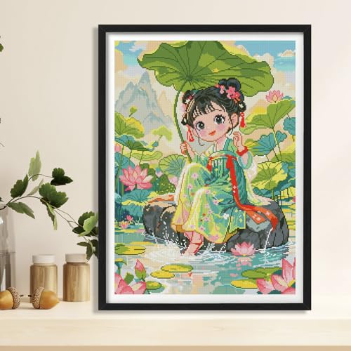 Zhenqing Summer Pond Stamped Cross Stitch Kit - 9CT 58x78cm Large Girl & Lotus Design, Pre-Printed Pattern for Beginners (68775)