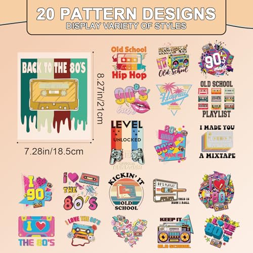 20 Pcs Back to 80s 90s DTF Transfers Ready to Press DIY Clothes - color: 80s 90s Theme