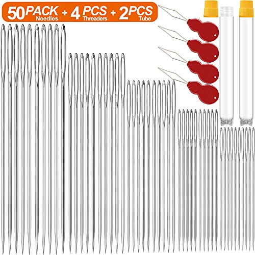 Premium Large Eye, Large Gauge Needles for Hand Sewing - Assorted Sizes, Including Embroidery - 50 PCs with 4 Threaders - color: 50 pack