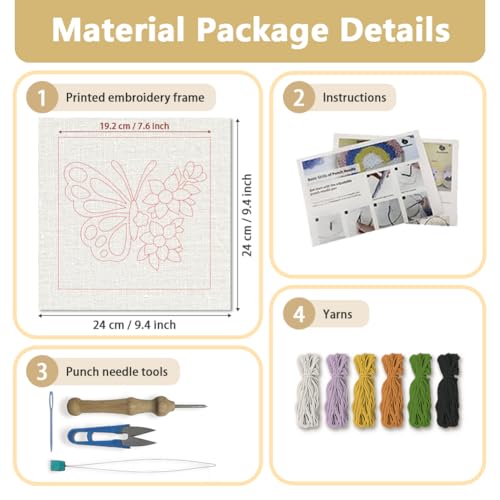 Doodlream Butterflies and Flowers DIY Punch Needle Embroidery Kit for Adult Beginner, 9.4" Punch Stitching Craft Set for Starter with Frame, Fabric Pattern, Threader, Yarn, Pinch Needle - color: Butterflies and Flowers