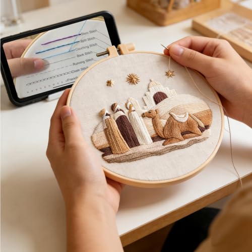 Myfelicity Embroidery kit,Adults Set,Nativity Scene Embroidery Hoop Art Set, Religious Christmas Theme, 3-Piece Collection with Angels and Manger Scene in White Embroidery Cloth - color: 60040-60041-60042