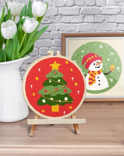 ERKOON Christmas Punch Needle Kit Adults Beginners, 2 Pcs DIY Easy Embroidery Set for Starter Art Craft, Needling Punch Project with Patterns, Tools, Yarns, Hoop, Instruction (ChristmasTree & Snowman) - color: ChristmasTree & Snowman