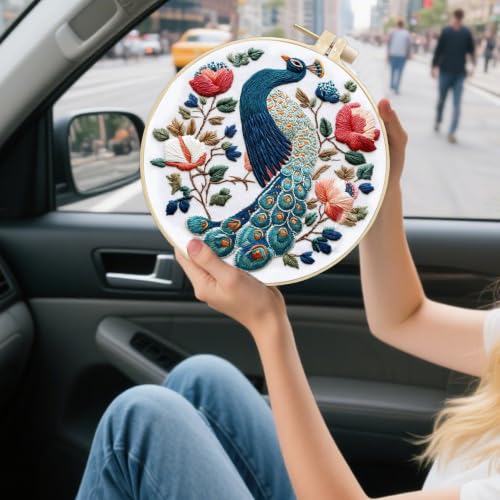 FONNUY Flower Peacock Embroidery Kit for Beginners, Cross Stitch Kits for Adults, Handmade Crafts with Printed Pattern Set, Color Thread Needlework, 8'' Hoop (Regal Peacock) - color: Regal Peacock