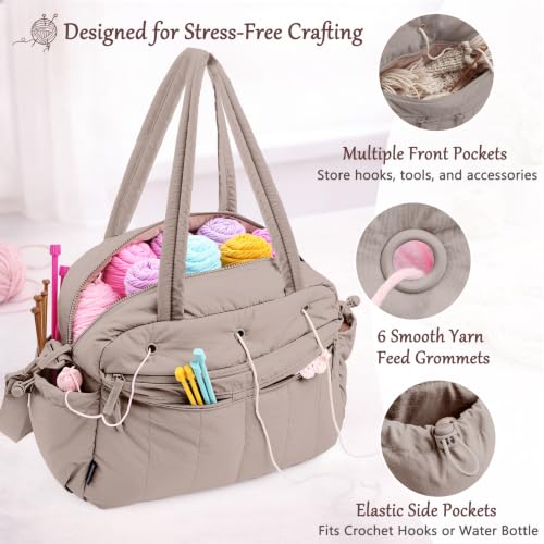 MYBAGZING Large Crochet Bag Organizer w/Crochet Hook Case & Yarn Grommets - color: Grey