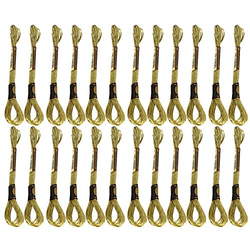Metallic Embroidery Skein Threads for Hand Embroidery, 24 Pcs Light Gold Cross Stitch Floss for Friendship Bracelets and DIY Craft Projects