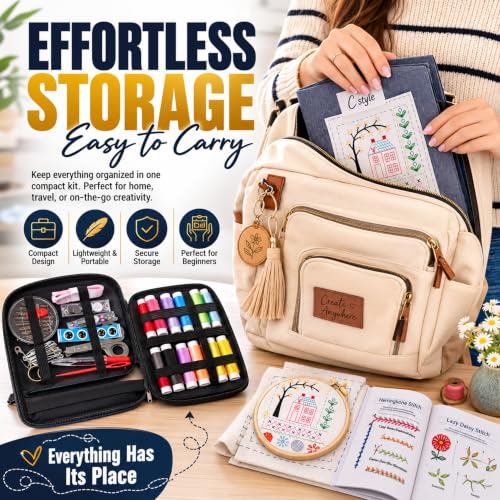 Homentry Embroidery Kit for Beginners | Gift Box with Full Set | Video Tutorial, 3pcs Hoops, 106 Patterns, 65 Water Soluble Designs, 86PCS Sewing Supplies | Starter Cross Stitch Book Kit