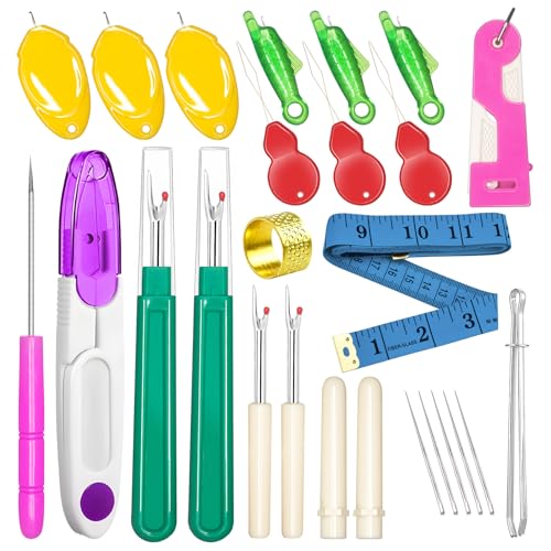 Lechchy Seam Rippers for Sewing(2 Big+2 Small), with Automatic Needle Threaders, Fish Mouth/Gourd/Thumb Shaped Simple Threader, Thread Snips, Drawstring Threader, Tape Measure, Awl, Thimble, Needles