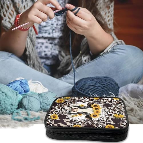 Kathyboom Cowhide Sunflower Empty Crochet Hook Case - Crochet Hook Organizer Case Crochet Hook Holder for Knitting & Crochet Supplies, Crochet Needles, Crochet Accessories - color: Cowhide Sunflower