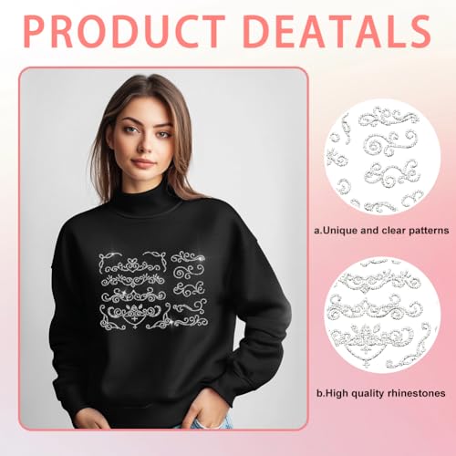 13 Pcs Floral Border Pattern Iron on Rhinestones Transfer, Bling Crystal Clothing Repair Applique Heat Transfer Patches for T-Shirt Vest Shoes Hat Jacket Pants Bags Decor - color: Floral